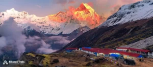 Sun rays reflecting on Mt Annapurna mountain from annapurna base camp